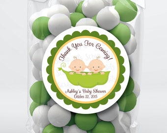 Tweeling Baby Shower Stickers. Erwten in een Peul. Gepersonaliseerde gunststickers of tags. 3 maten