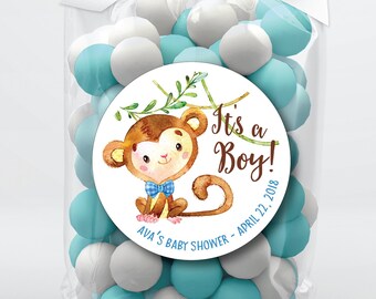 Watercolor Monkey Baby Shower Stickers . Baby Boy Monkey . It's a Boy Stickers . Personalized Favor Stickers or Tags . 3 Sizes