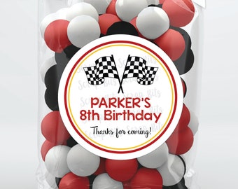 Racing Flags Birthday Stickers, Name Age Thank You, Personalized Favor Tags, Custom Printed Labels for Goodie Bags, Snacks, Treats