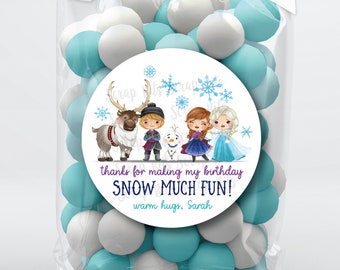 Pegatinas de cumpleaños de Frozen Friends, muchas gracias, etiquetas personalizadas para regalos de fiesta, etiquetas impresas personalizadas para bolsas de regalos, bocadillos y golosinas.