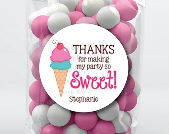 Ice Cream Birthday Favor Labels, Thanks for Making My Party So Sweet, Personalized Stickers or Tags for Goodie Bags, Snacks, Treats