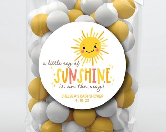 Sun Baby Shower Stickers, A Little Ray of Sunshine is On The Way, Personalized Party Favor Gift Tags, Custom Printed Labels for Treat Bags