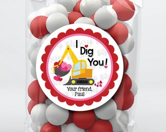 Valentine's Day Stickers & Bags, I Dig You Stickers, Construction Valentine Stickers, Personalized Valentine Gift Labels or Tags . 3 Sizes