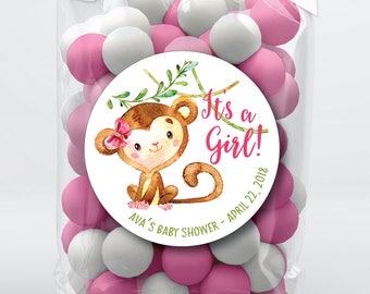 Watercolor Monkey Baby Shower Stickers . Baby Girl Monkey . It's a Girl Stickers . Personalized Favor Stickers or Tags . 3 Sizes