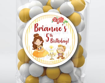 Princess Belle Birthday Favor Labels, She's a Beauty, Personalized Treat Bag Stickers or Tags, Custom Party Favor Decor