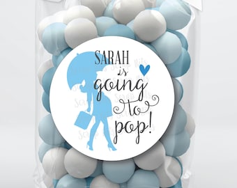 Going To Pop Baby Shower Stickers, Pregnant Lady Silhouette, Baby Boy . Personalized Favor Stickers or Tags . 3 Sizes