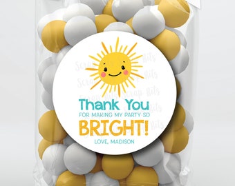 Sunshine Birthday Favor Stickers & Bags, Birthday Favor Bags, Thanks For Making My Party So Bright, Birthday Treat Bags, Clear Candy Bags