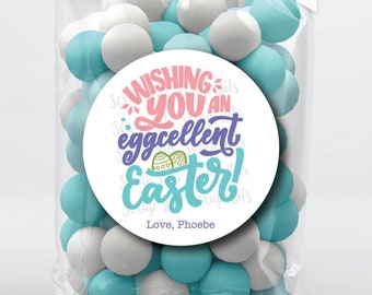 Easter Stickers & Bags, Wishing You An Eggcellent Easter, Bold Cursive Lettering, Personalized Easter Gift Labels or Tags . 3 Sizes