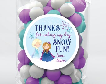 Personalized Frozen Birthday Favor Labels, Snow Fun Stickers or Tags, Kids Party Favors