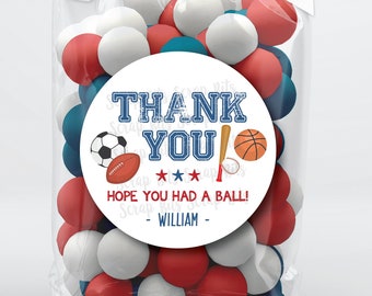 Sports Party Stickers + Treat Bags, Thank You Hope You Had A Ball, Personalized Birthday Favor Labels or Tags, Clear Candy Bags, Printed