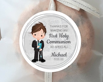 First Communion Stickers . Watercolor Communion Boy . Personalized Favor Stickers or Tags . 3 Sizes
