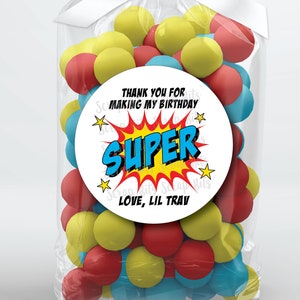 Super Hero Birthday Favor Stickers & Bags, Birthday Favor Bags, Thanks For Making My Party Super, Birthday Treat Bags, Clear Candy Bags