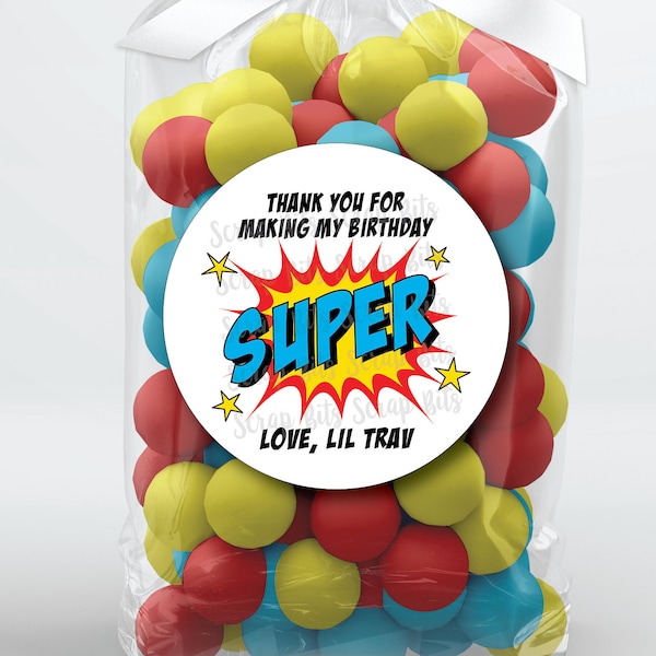 Super Hero Birthday Favor Stickers & Bags, Birthday Favor Bags, Thanks For Making My Party Super, Birthday Treat Bags, Clear Candy Bags