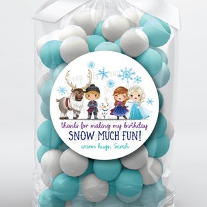 Frozen Friends Birthday Stickers, Thank You Snow Much, Personalized Party Favor Tags, Custom Printed Labels for Goodie Bags, Snacks, Treats