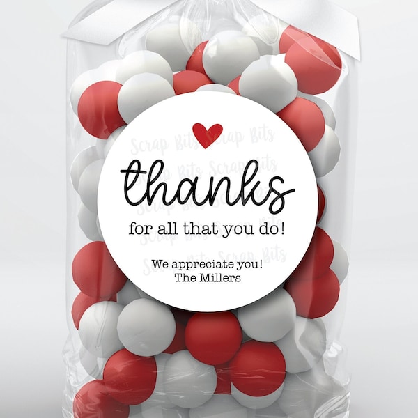 Appreciation Stickers & Bags, Thank You For All That You Do, Thank You Favor Bags, Small Heart, Treat Bags, Clear Candy Bags