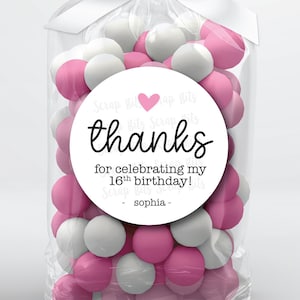 Birthday Favor Stickers & Bags, Birthday Favor Bags, Small Heart Thanks for Celebrating With Me, 16th Birthday Treat Bags, Clear Candy Bags image 1