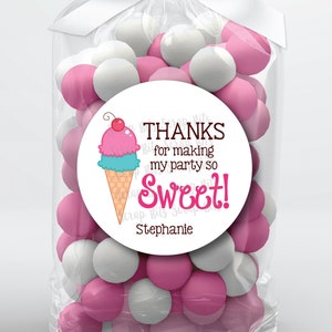 Ice Cream Birthday Stickers & Bags, Thanks for Making My Party So Sweet, Personalized Birthday Favor Stickers, Clear Candy Bags