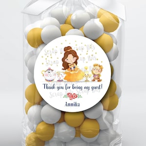 Belle & Friends Birthday Stickers, Thank You For Being My Guest, Personalized Kids Party Favor Tags, Custom Printed Labels for Goodie Bags
