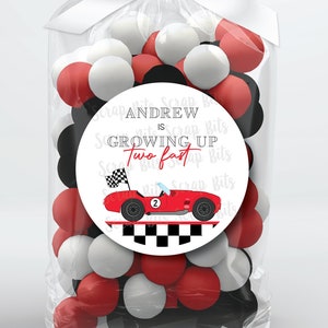 Racing Birthday Stickers, Growing Up Two Fast Red Race Car 2 Fast, Personalized Favor Tags, Custom Printed Labels for Goodie Bags or Gifts