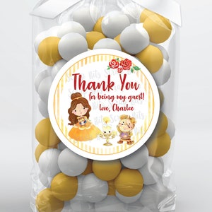 Belle & Friends Birthday Stickers, Stipes Border Thank You For Being My Guest, Personalized Princess Favor Stickers or Tags . 3 Sizes