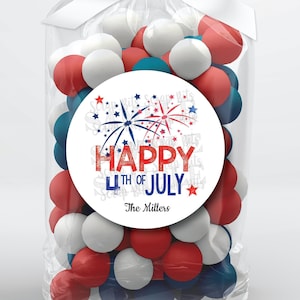 Stickers et sacs cadeaux Happy 4 juillet, sacs cadeaux 4 juillet, autocollants feux d'artifice, autocollants pour sacs de friandises, sacs de bonbons transparents