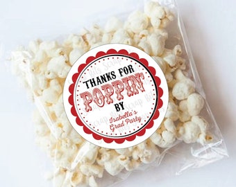 Graduation Popcorn Stickers & Bags, Thanks For Poppin By Stickers, Carnival Theme Personalized Popcorn Favor Stickers, Popcorn Favor Bags