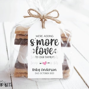 Etiquetas y bolsas de regalo para baby shower con S'more, estamos agregando amor a nuestra familia con S'mores, guión de granja, bolsas con kit de S'mores, impresas y enviadas, cantidad 10