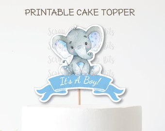 PRINTABLE Cake Topper . Watercolor Elephant Cake Topper, It's A Boy . Baby Shower Cake Topper . Digital Instant Download