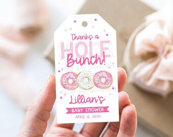 Thanks A Whole Bunch Tags, Donut Baby Shower Tags, Baby Shower Favor Tags, Personalized Donut Tags, Printed + Shipped, Qty 10