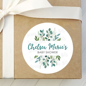 Stickers baby shower verdure, étiquettes baby shower eucalyptus, cadre branches d'eucalyptus. Stickers ou étiquettes cadeaux personnalisés . 3 tailles
