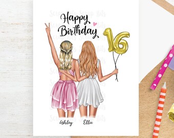 Personalized 16th Birthday Portrait Card for Girl Best Friend, Twins Foil Number Balloons, Custom Milestone Card, A2 Size, Includes Envelope