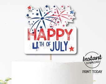 Adorno para tarta del 4 de julio, adorno imprimible de fuegos artificiales, adorno para fiesta patriótica. Descarga digital instantánea.