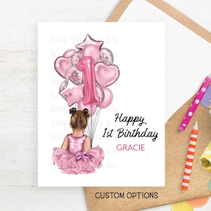 Baby&#39;s 1st Birthday Card, Personalized First Birthday Card for Girls, Baby Girl With Balloons