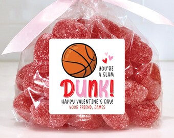 Valentine Gift Labels & Bags, Basketball Valentines, You're A Slam Dunk, Personalized Valentine Stickers, Clear Candy Bags, 3 Sizes