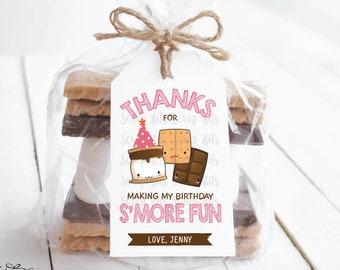 S'more Birthday Favor Tags, Thanks For Making My Birthday S'more Fun, Personalized Smores Favor Kit Labels for Goodie Bags, Printed