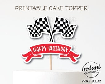 Racing Flags Cake Topper, Printable Cake Topper, Race Car Party Topper, Red Banner Racing Birthday Cake Topper . Digital Instant Download