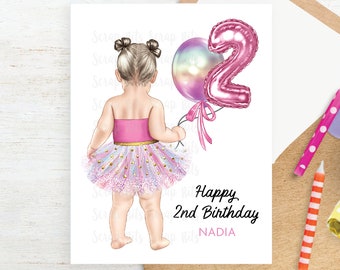 2nd Birthday Portrait Card, Tutu Baby Girl with Balloons, Personalized Card for 1st, 2nd or 3rd Birthday for Kids, Child, Daughter, Son