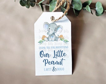 Elephant Baby Shower Favor Tags, Our Little Peanut Baby Shower, Boy Elephant Tags, Personalized Baby Shower Tags . Printed & Shipped, Qty 10