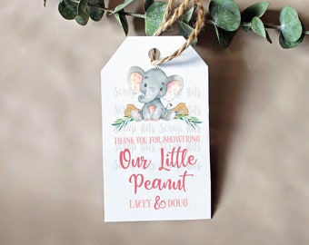 Elephant Baby Shower Favor Tags, Our Little Peanut Baby Shower, Girl Elephant Tags, Personalized Baby Shower Tags, Printed & Shipped, Qty 10