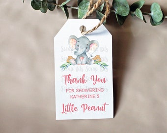 Elephant Baby Shower Favor Tags, Thank You for Showering Our Little Peanut, Personalized Girl Baby Shower Tags, Printed & Shipped, Qty 10