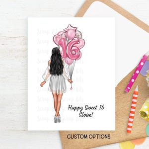 Personalized Birthday Portrait Card, Sweet 16 Balloon Bunch, Custom Sweet Sixteen Milestone Card for Daughter, Friend, Sister, Niece, Cousin
