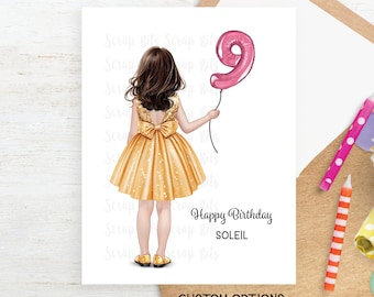 9th Birthday Card, Little Girl Ninth Birthday or Any Age Foil Number Balloons & Party Dress, Personalized A2 Size, Includes Envelope
