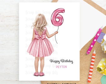 6th Birthday Card, Little Girl Sixth Birthday or Any Age Foil Number Balloons & Party Dress, Personalized A2 Size, Includes Envelope