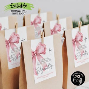 BEWERKBARE roze strik- en kruislabels, aquarel lint feestartikelen voor eerste communie, doop, doop, traktatiezakjes, DIY afdrukbaar