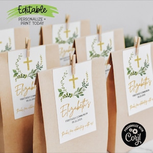 BEWERKBARE Eerste Heilige Communie Tags, Aquarel Groen Krans & Cross Party FavorTags voor Bevestiging, Doop, Traktatietassen, DIY Afdrukbaar