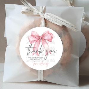 Pink Bow Baby Shower Stickers & Bags, Baby Girl Pink Ribbon Thank You, Personalized Party Favor Labels or Tags, Printed + Shipped