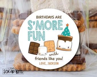 Birthday Smore Favor Labels, Birthdays Are Smore Fun With Friends Like You, Personalized S'mores Kit Stickers or Tags, Clear Favor Bags