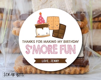 S'more Birthday Favor Stickers, Smore Fun Friends Personalized Party Favor Tags, Custom Printed Labels for Goodie Bags, S'mores Kit Labels