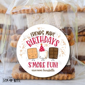 Birthday Smore Stickers, Friends Make Birthdays S&#39;more Fun, Personalized Party Favor Tags, Custom Printed Labels for Goodie Bags, Kit Labels