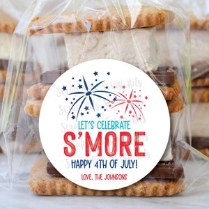 Stickers fête S'mores du 4 juillet + sacs à friandises, Stickers Célébrons S'more, Stickers personnalisés S'mores Kit, sacs transparents